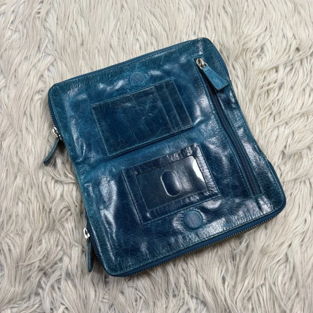 Tano Teal Distressed Leather Boi-Fold Wallet Clutch Card Organizer Boho Artsy